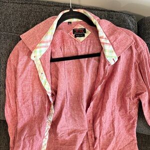 Pink Button-Up Shirt with Plaid Accents